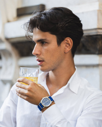 Young man wears a Royal Bavarian Blue BWG Bavaria premium quartz watch with Swiss made Ronda movement