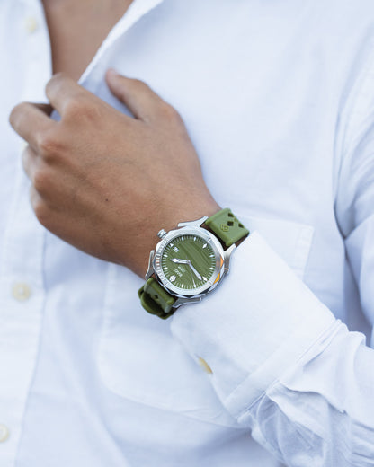 BWG ISARIA Automatic watch with Swiss Landeron L24 manufacture movement in Isar green young man with white shirt