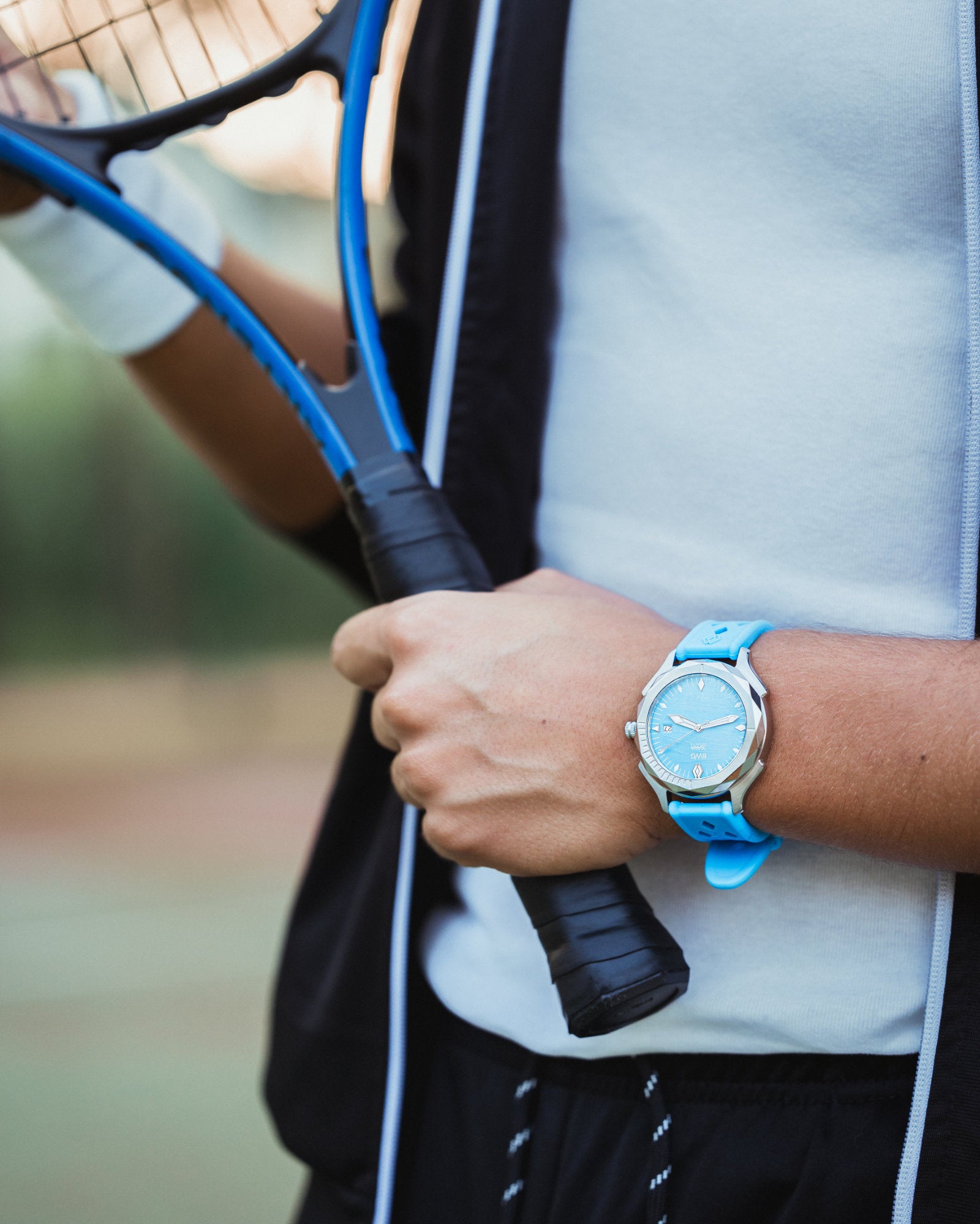 BWG ISARIA Sky Blue Automatic with Swiss L24 Landeron manufacture automatic movement watch at tennis court 