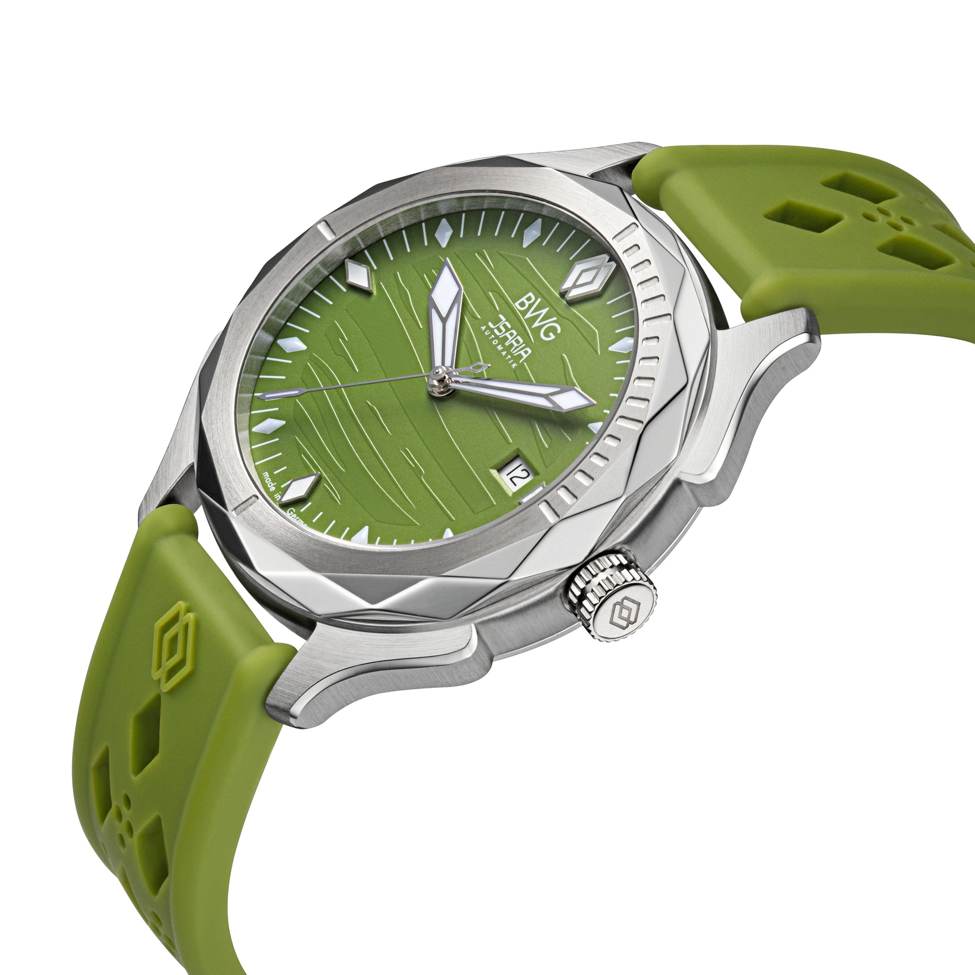 BWG-ISARIA-Automatic-watch-Swiss-Movement-Landeron-L24-manufacture-isar-green-tilted